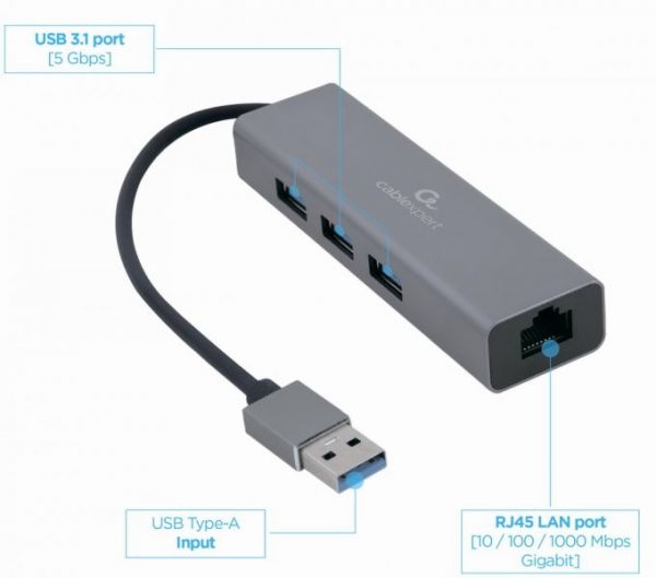 Адаптер Cablexpert A-AMU3-LAN-01  концентратор, з USB-A на Gigabit Ethernet, + 3 порти USB 3.1 Gen1 (5 Gbps), 1000 Mbps, метал, сірий