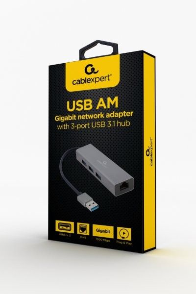 Адаптер Cablexpert A-AMU3-LAN-01  концентратор, з USB-A на Gigabit Ethernet, + 3 порти USB 3.1 Gen1 (5 Gbps), 1000 Mbps, метал, сірий