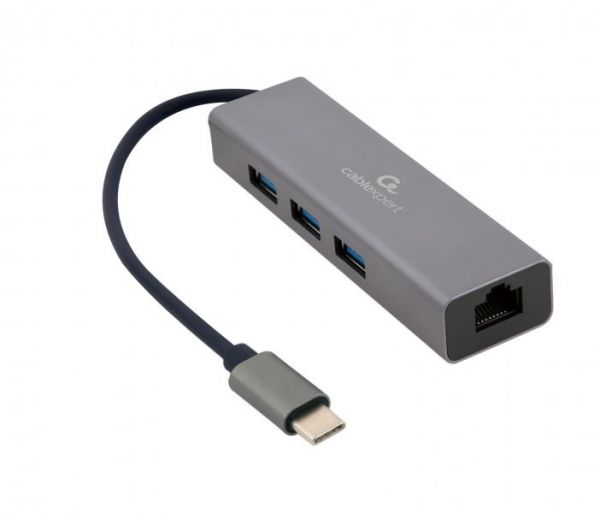 Док-станцiя Cablexpert A-CMU3-LAN-01 з USB-С на Gigabit Ethernet, 3 Ports USB 3.1 Gen1 (5 Gbps), 1000 Mbps, метал, сірий