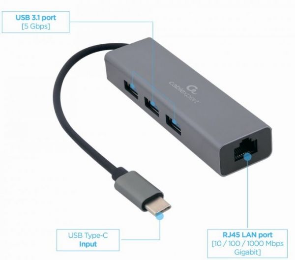 Док-станцiя Cablexpert A-CMU3-LAN-01 з USB-С на Gigabit Ethernet, 3 Ports USB 3.1 Gen1 (5 Gbps), 1000 Mbps, метал, сірий