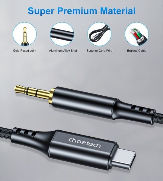 Аудiо-кабель CHOETECH AUX008-BK з Type-C (USB-C) - стерео-аудіо 3.5 мм (CDLA), 2м