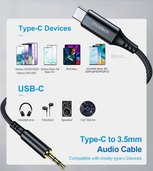 Аудiо-кабель CHOETECH AUX008-BK з Type-C (USB-C) - стерео-аудіо 3.5 мм (CDLA), 2м