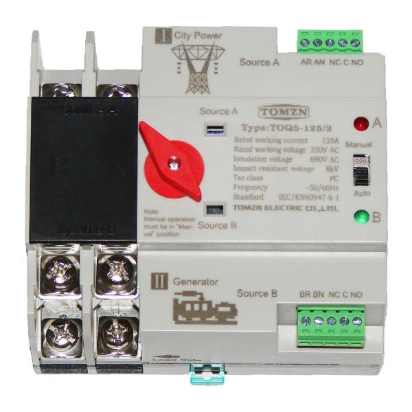 Автомат вводу резерву (АВР) TOMZN 2P 125A AC220V. мережа-генератор, <8мс (TOQ5-125/2)