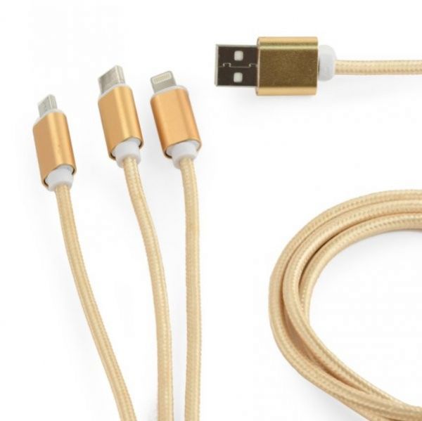 Кабель Cablexpert CC-USB2-AM31-1M-G для заряджання USB AM-тато/Lightning/Micro/Type-C, 1.0 м, золотистий