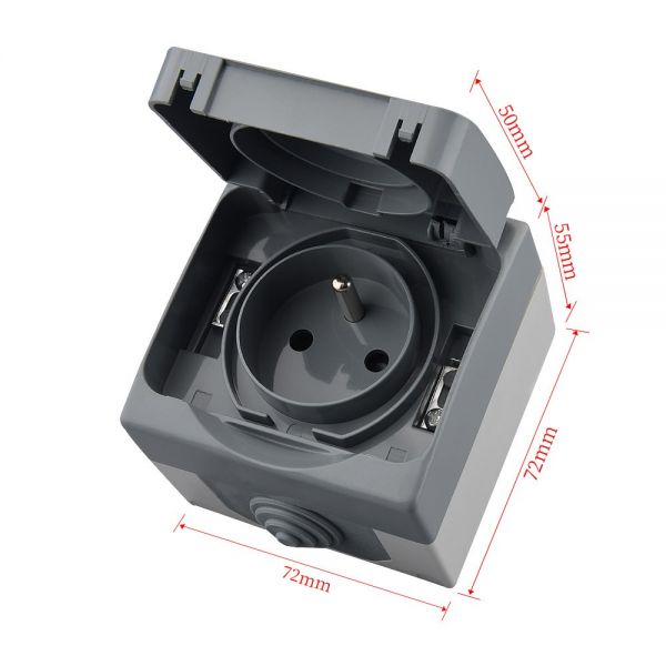 Розетка силова OEM IP55 16A накладна, зовнішній монтаж, євро, захисна кришка, сіра (OEM-S-IP55-16A-1)