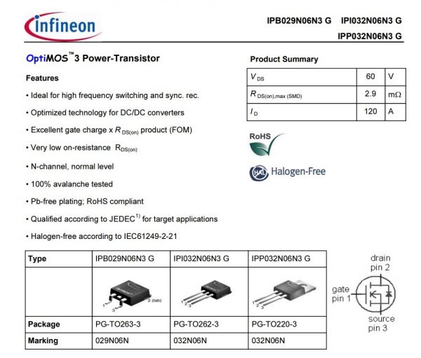 Транзистор INFINEON 032N06N PG-TO220-3, N-MOSFET 60V, 2.9mOm, 120A (IPB029N06N3G)