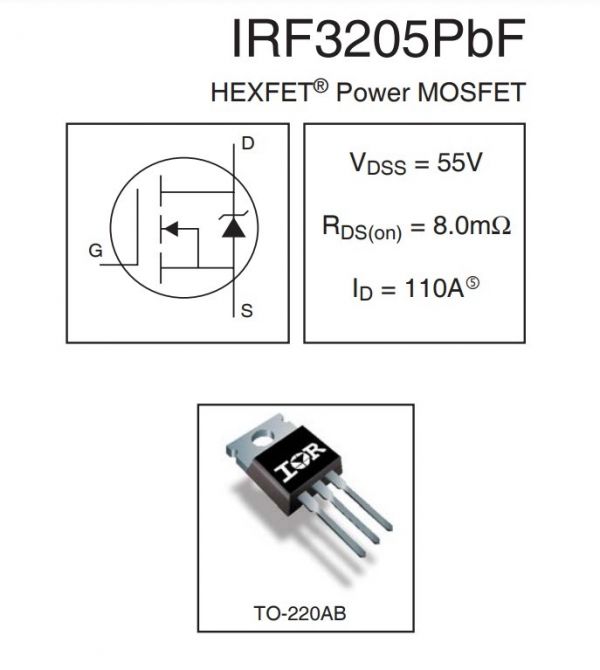 Транзистор INFINEON IRF3205 N-Channel MOSFET, 55V 110A, TO-220 (IRF3205PbF)