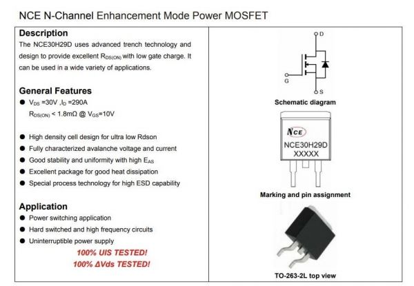 Транзистор NCE Power NCE30H29D TO-263,  N-Channel Enhancement Mode Power MOSFET, 30V 290A 270W