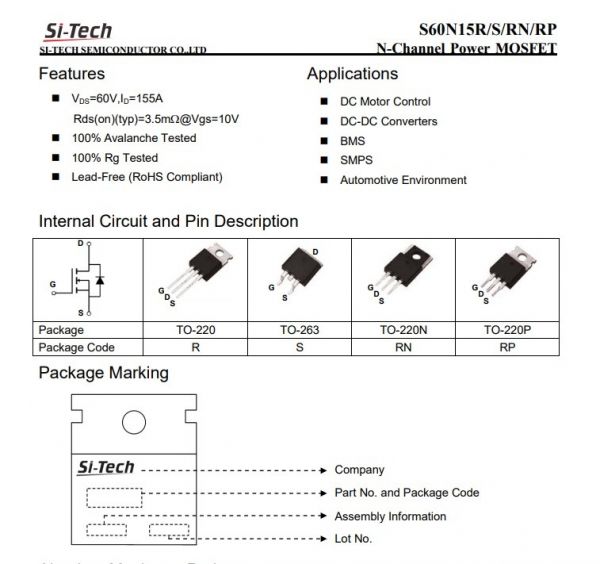 Транзистор SI-TECH S60N15R N-Channel Power MOSFET. 60V,155A, TO-220